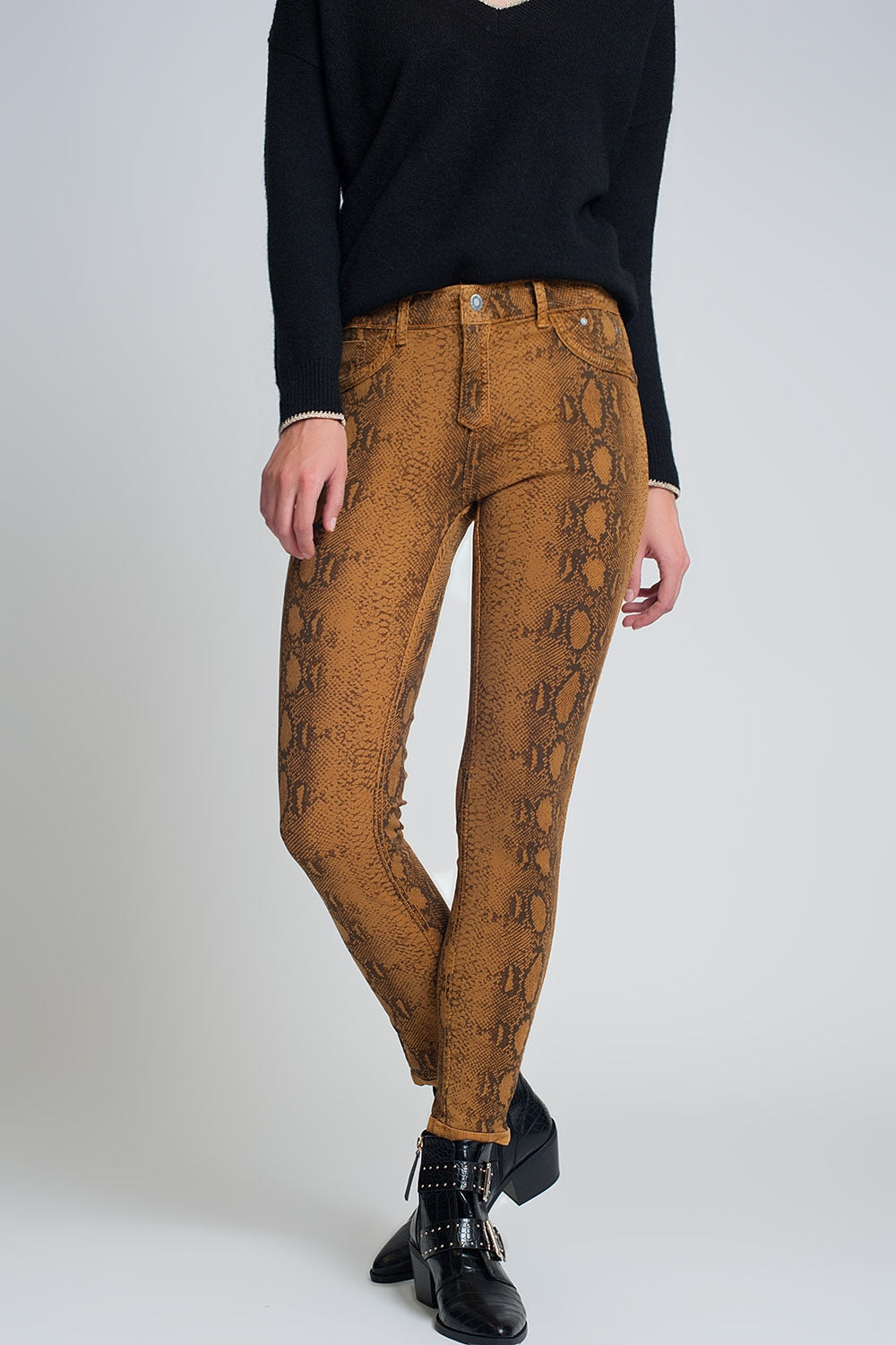 Mustard super skinny reversible pants with snake print