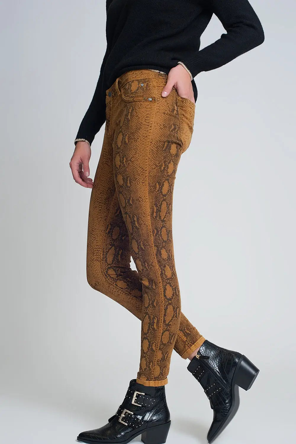 Mustard super skinny reversible pants with snake print - Jeans