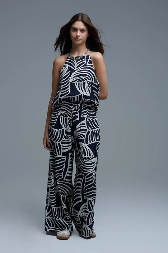 Navy and White Wide Leg Trousers with White Leaf Print - Pants