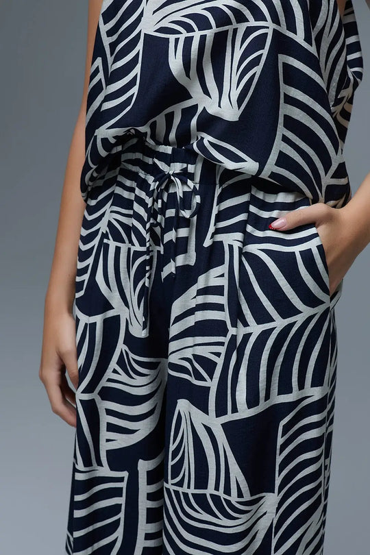 Navy and White Wide Leg Trousers with White Leaf Print - Pants