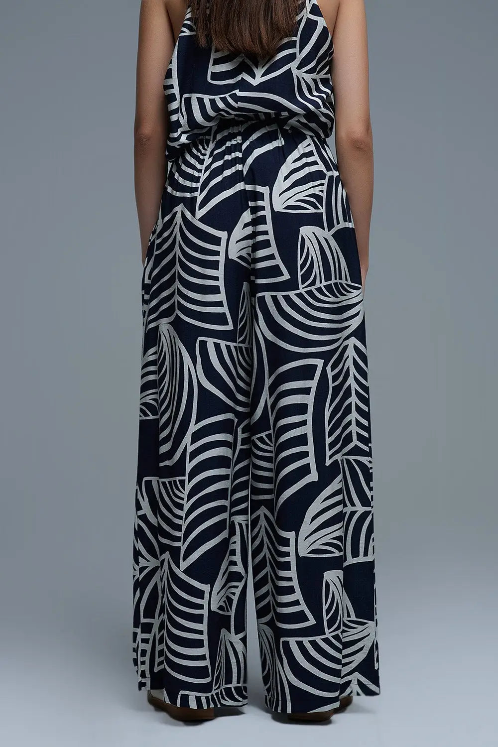 Navy and White Wide Leg Trousers with White Leaf Print - Pants