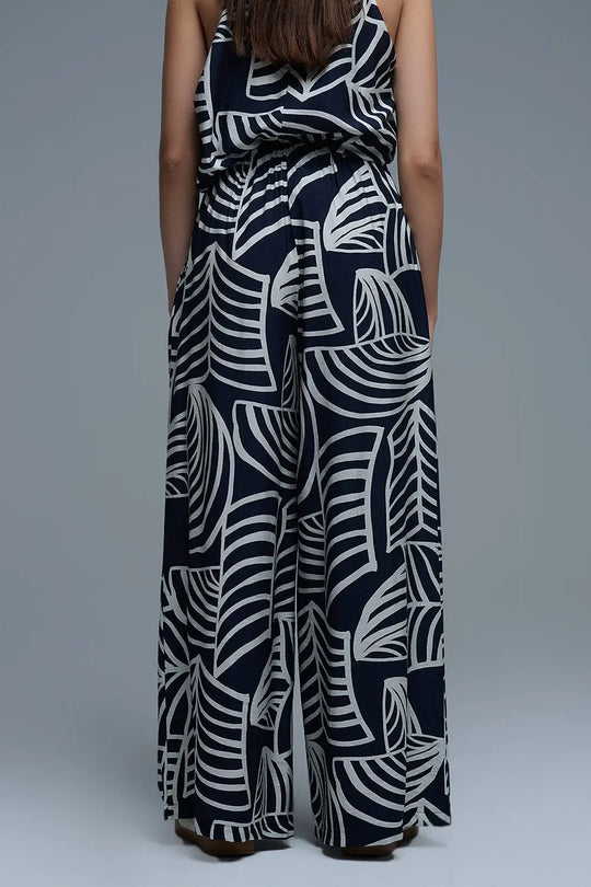 Navy and White Wide Leg Trousers with White Leaf Print - Pants