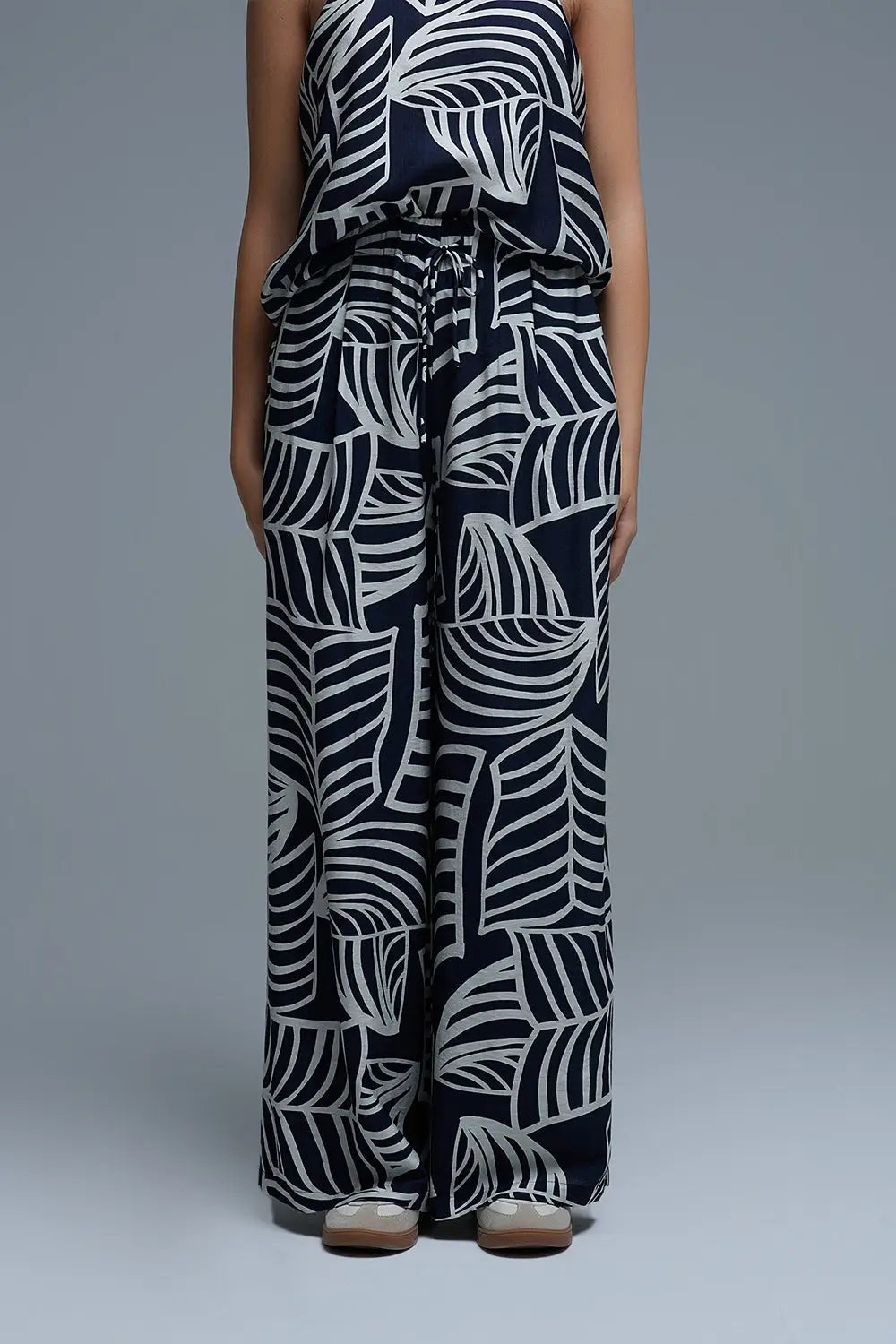 Navy and White Wide Leg Trousers with White Leaf Print - Pants