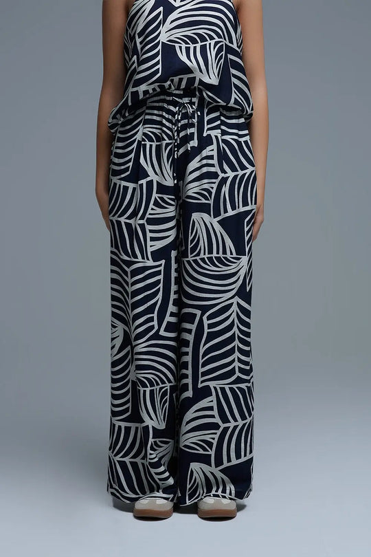 Navy and White Wide Leg Trousers with White Leaf Print - Pants
