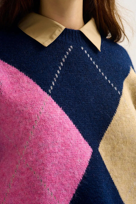 Navy Argyle Knit Sweater with Contrast Color Blocks pink and beige - One Size / Blue - Sweaters