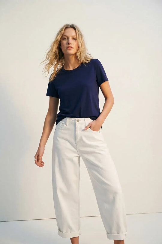 Navy Basic Crew Neck Short Sleeve T-Shirt in Viscose fabric - Tops
