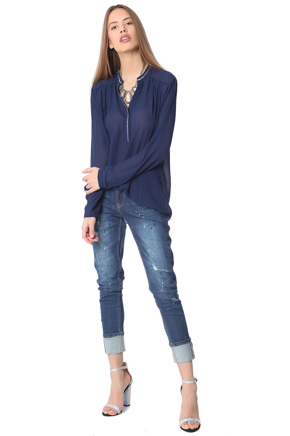 Navy blue chiffon blouse with silver-tone bead embellishment