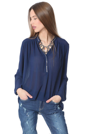 Q2 Navy blue chiffon blouse with silver-tone bead embellishment