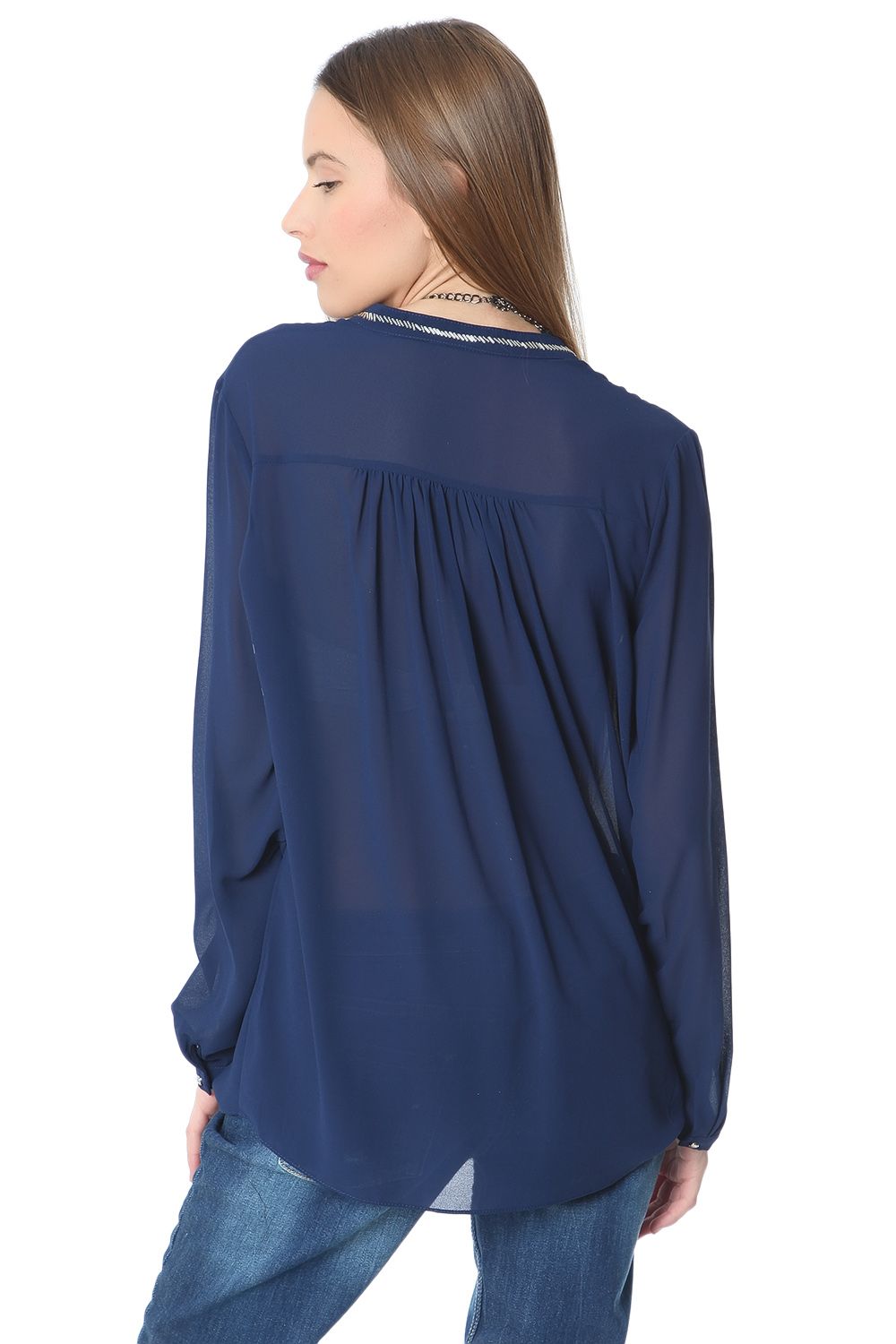 Navy blue chiffon blouse with silver-tone bead embellishment