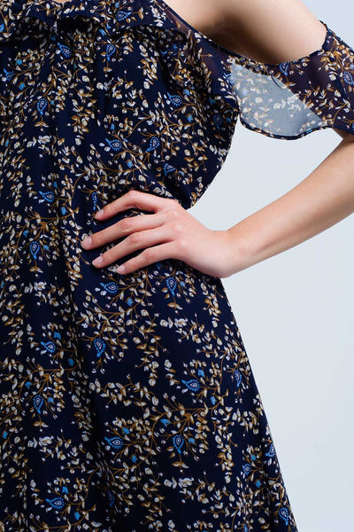 Navy blue dress with printed flowers and ruffles