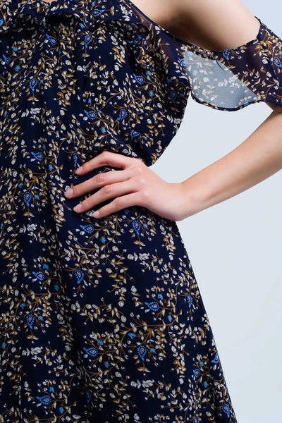 Navy blue dress with printed flowers and ruffles - Dresses
