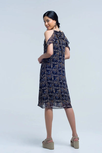Navy blue dress with printed flowers and ruffles - Dresses
