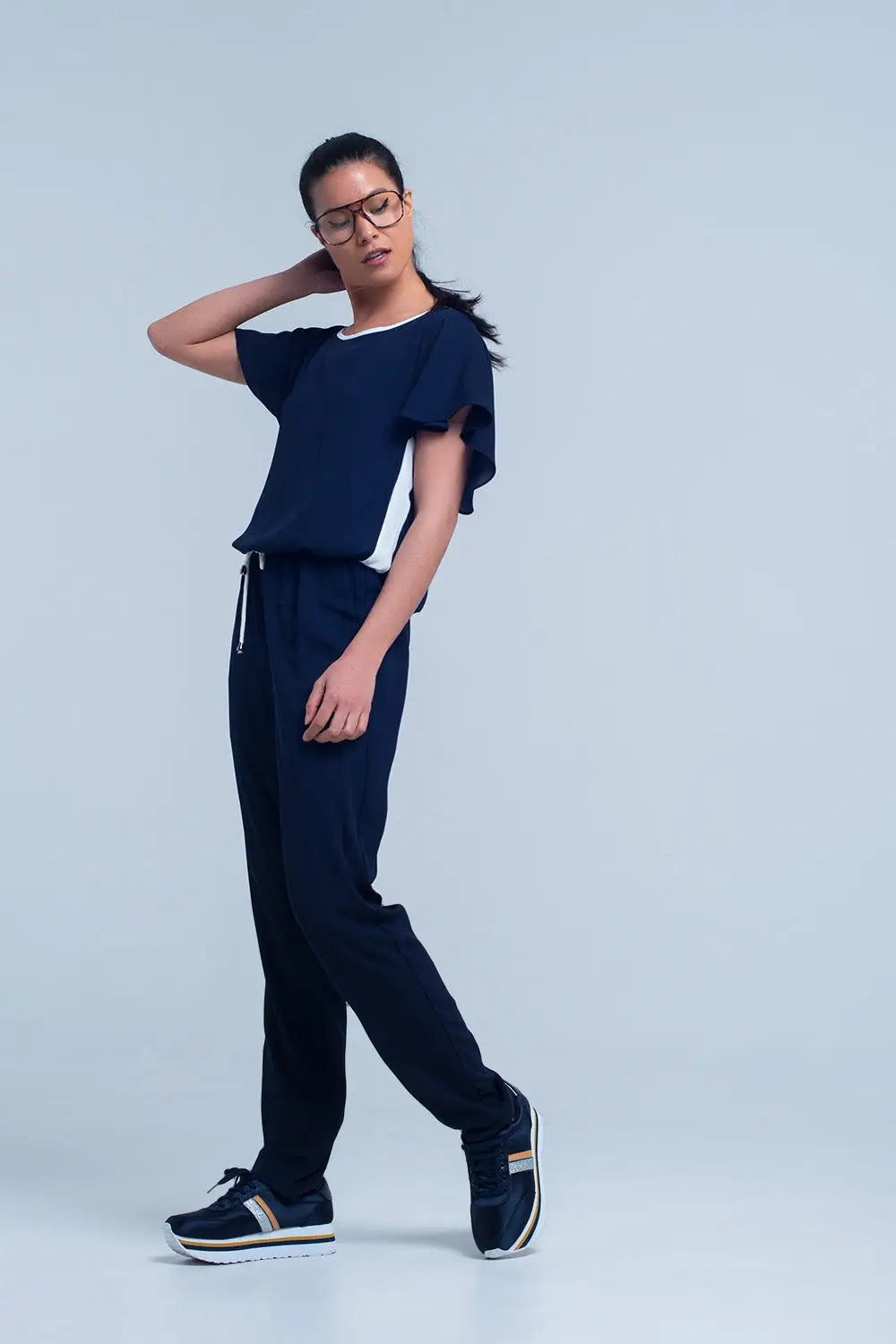 Navy blue jumpsuit with short sleeve and ruffle detail - Dresses