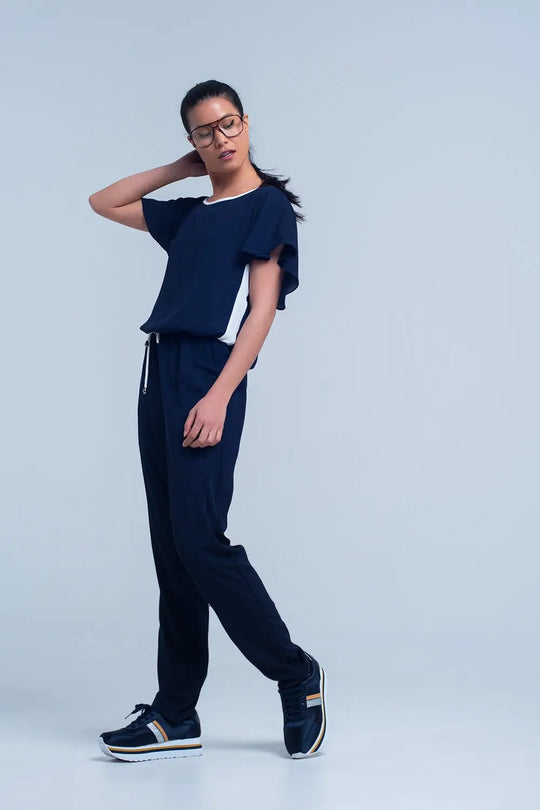 Navy blue jumpsuit with short sleeve and ruffle detail - Dresses