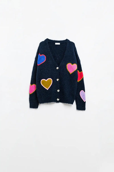 Q2 Navy blue knitted cardigan with embroidered hearts