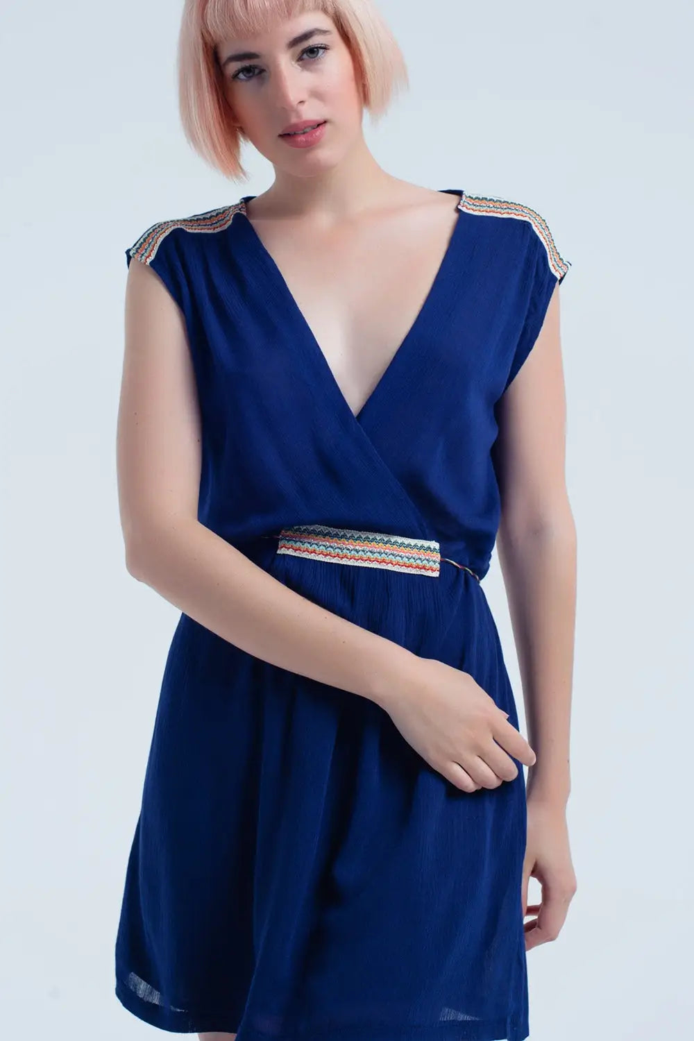 Navy blue mini dress with embroidery - Dresses