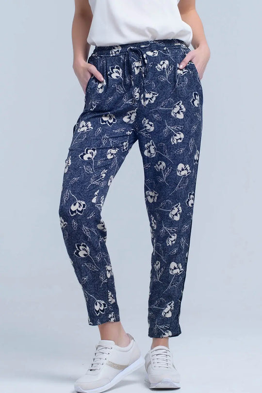 Navy blue pants with floral print - Pants