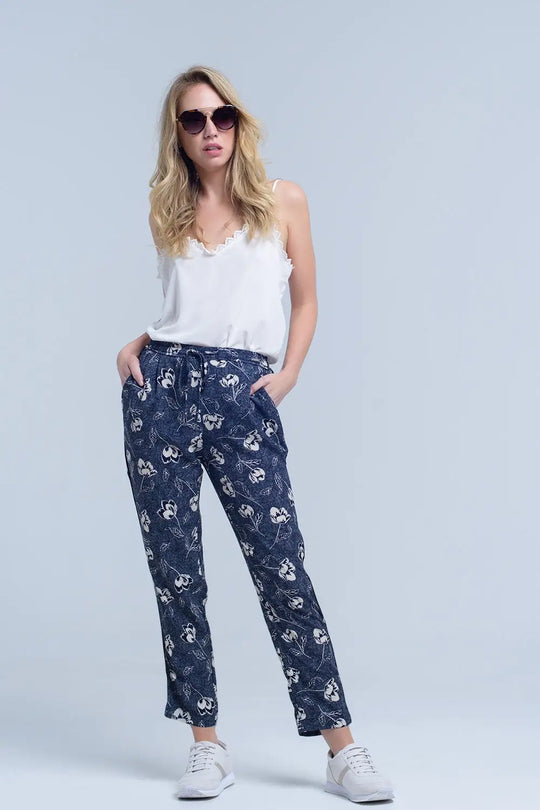 Navy blue pants with floral print - Pants
