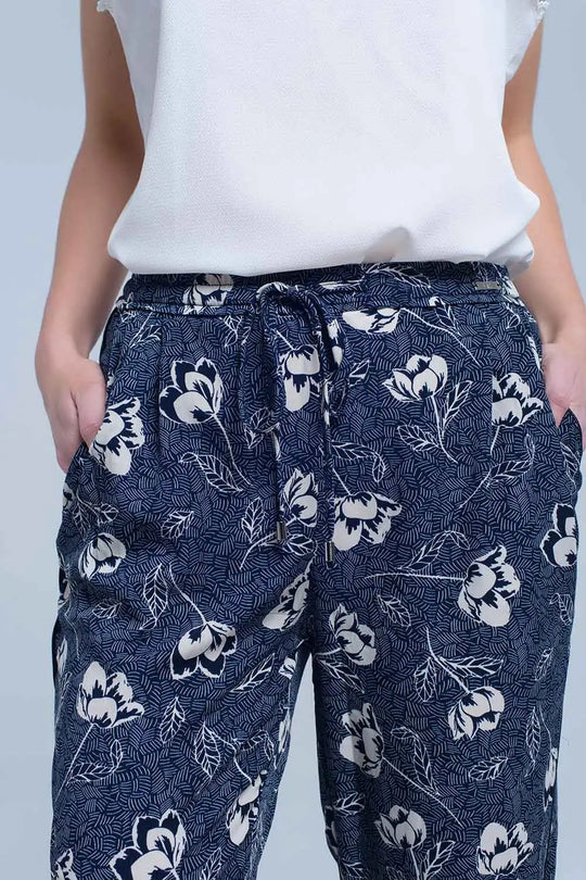 Navy blue pants with floral print - Pants