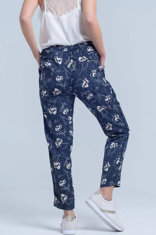 Navy blue pants with floral print - Pants