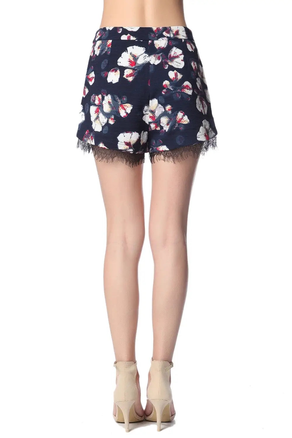 Navy blue shorts in floral print with lace detail - Pants
