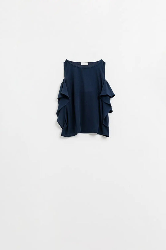 Q2 navy blue sleeveless top with ruffles