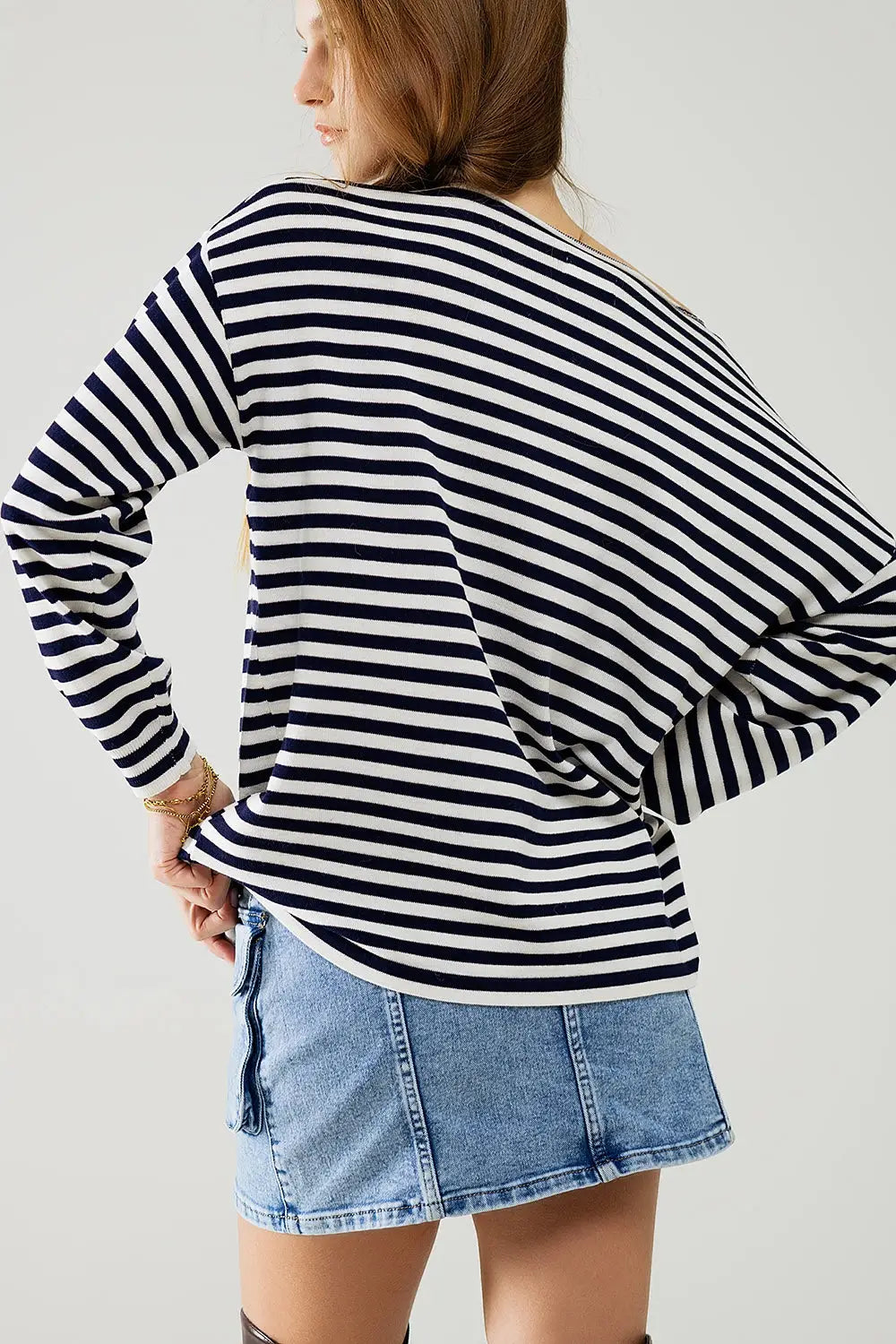 navy blue striped fine knit sweater with boat neck - Sweaters