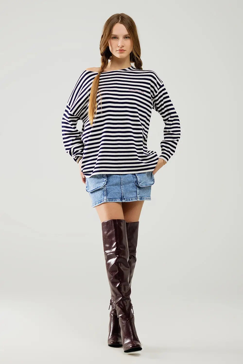 navy blue striped fine knit sweater with boat neck - Sweaters