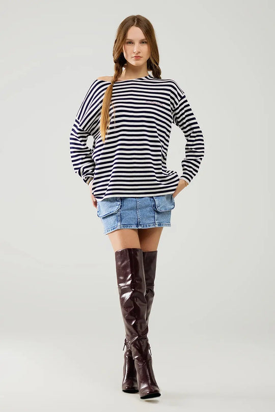 navy blue striped fine knit sweater with boat neck - Sweaters