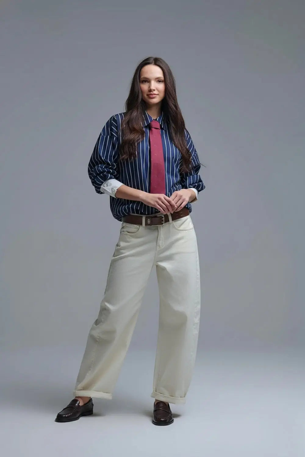 Navy Blue Striped High-Collar Shirt in soft poplin - Shirts