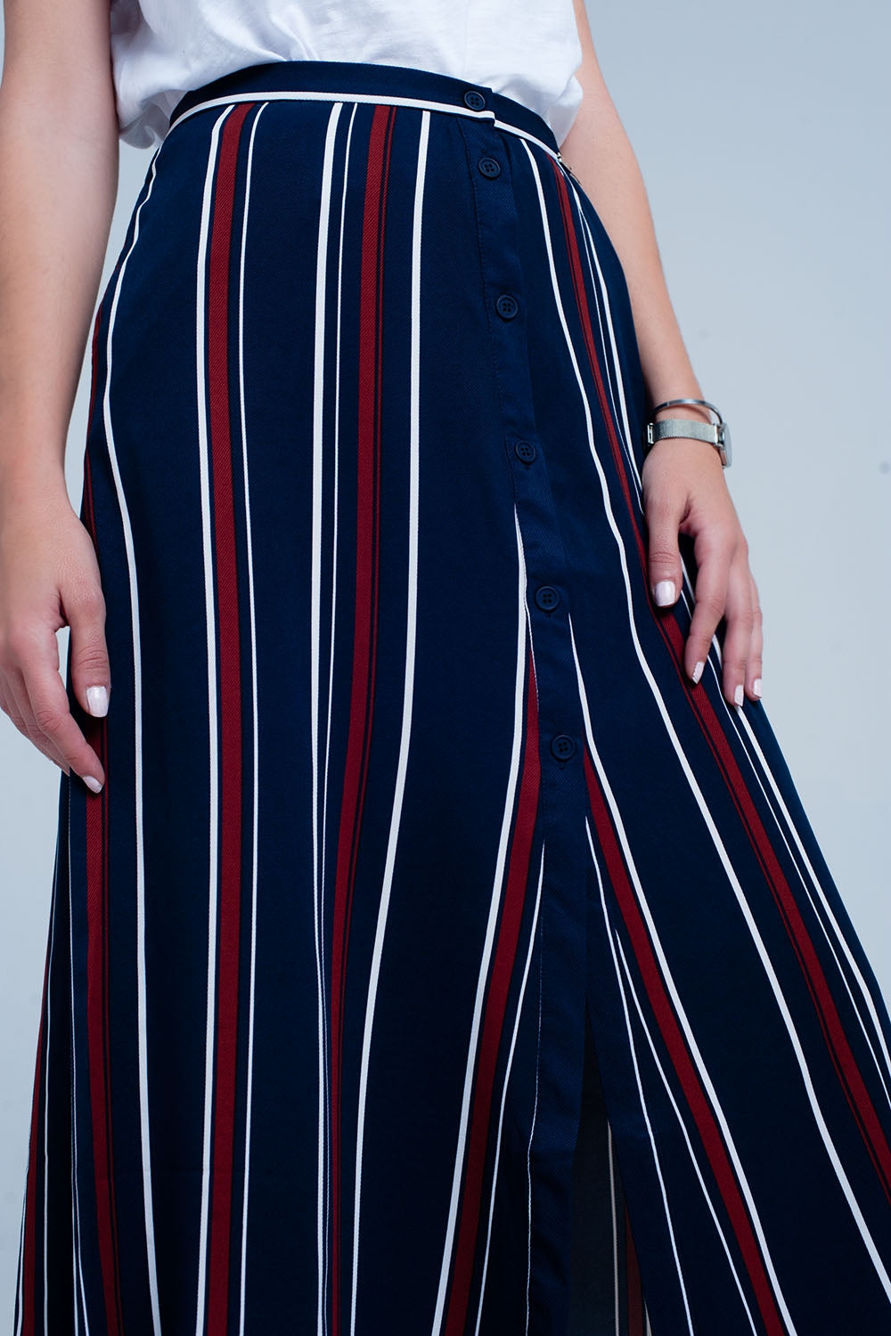 Navy blue striped midi skirt