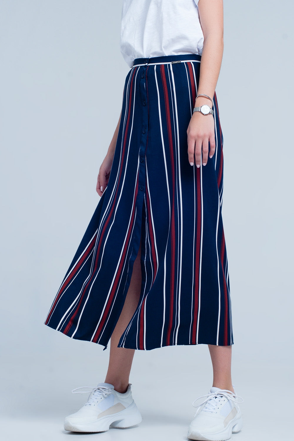 Navy blue striped midi skirt