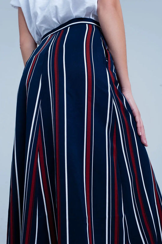 Navy blue striped midi skirt - Skirts