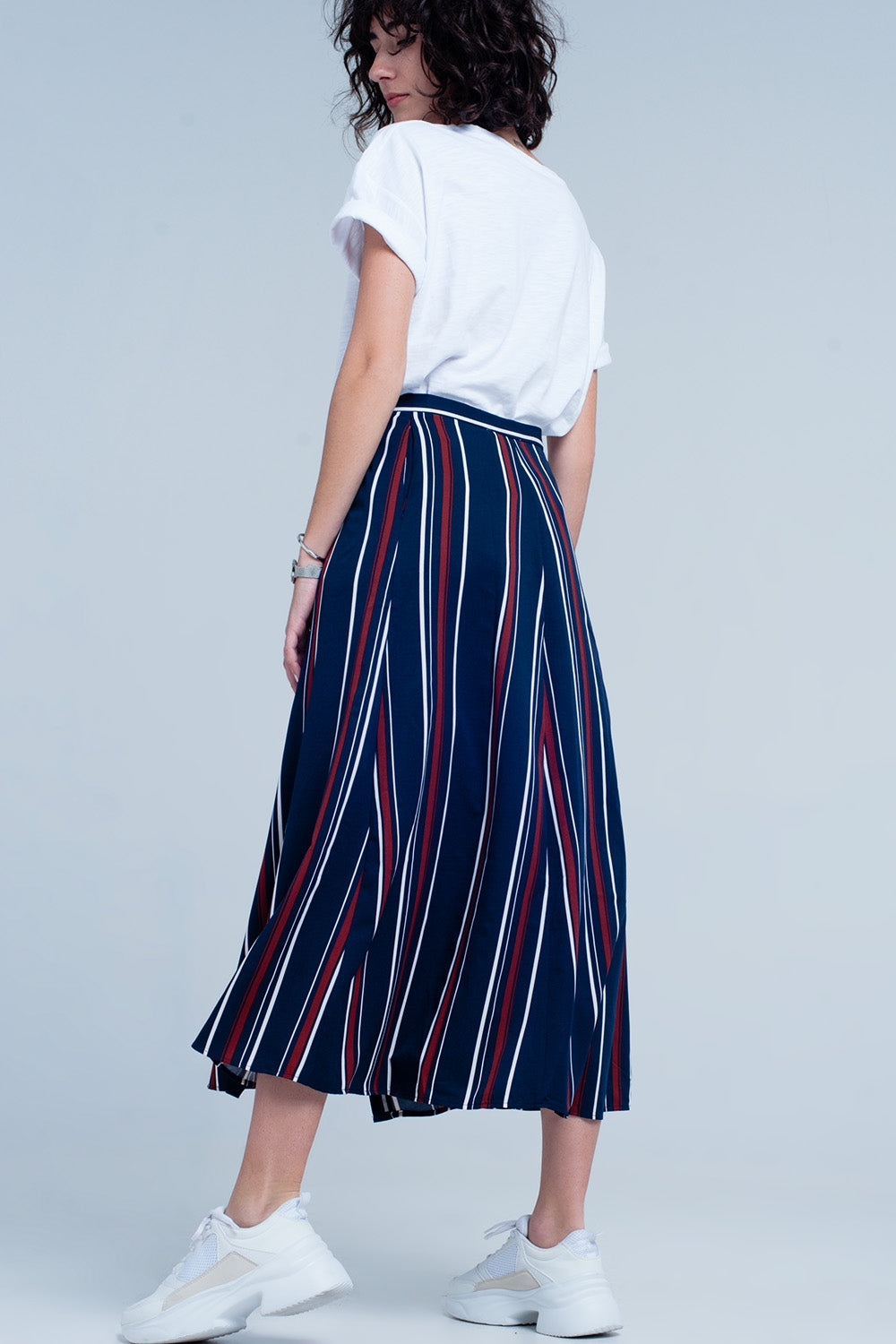 Navy blue striped midi skirt