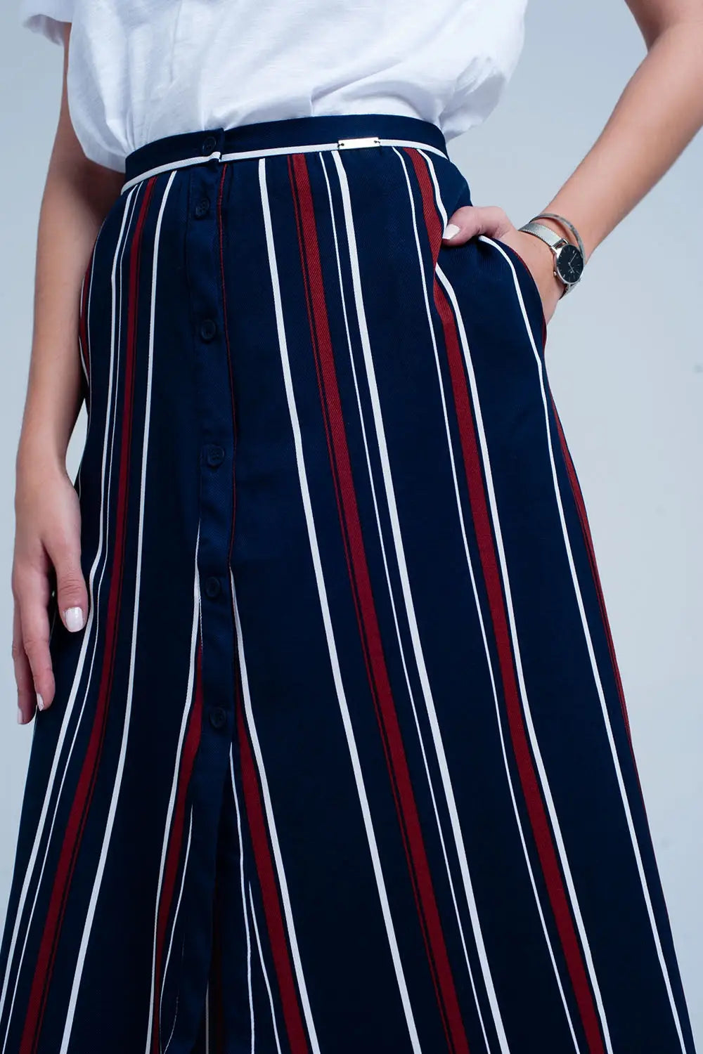 Navy blue striped midi skirt - Skirts