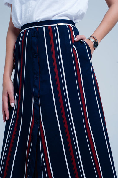 Navy blue striped midi skirt