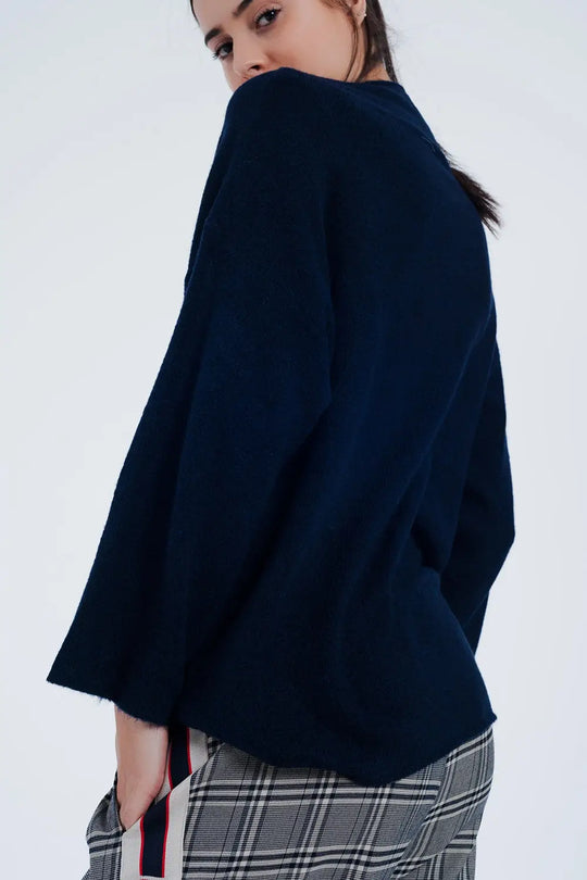 Navy blue sweater with wide sleeves - Sweaters