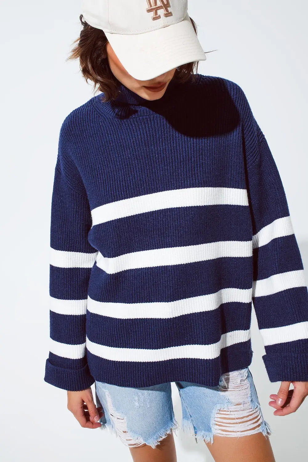 Navy blue turtle neck sweater in navy with stripes - Sweaters