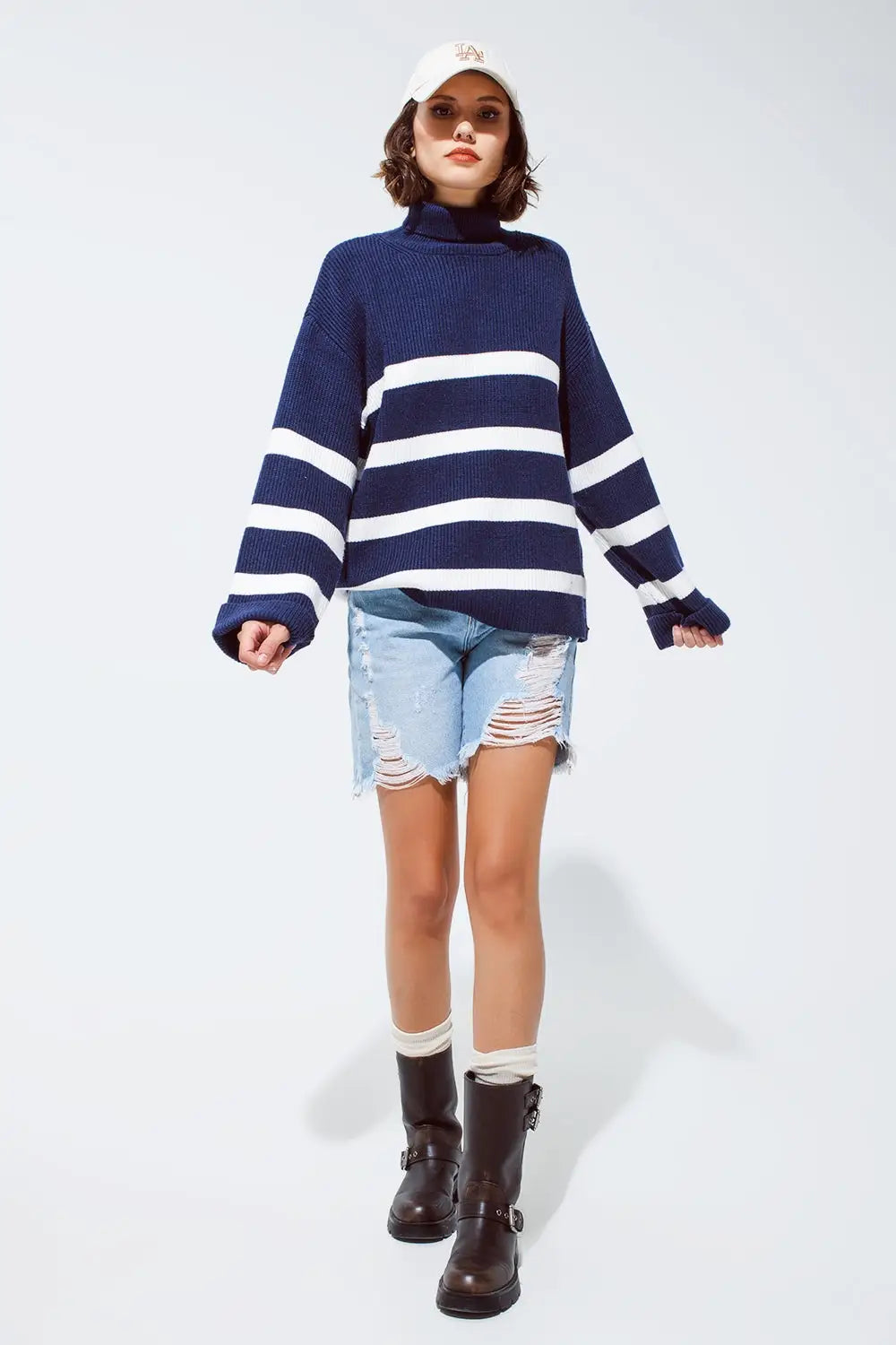 Navy blue turtle neck sweater in navy with stripes - Sweaters