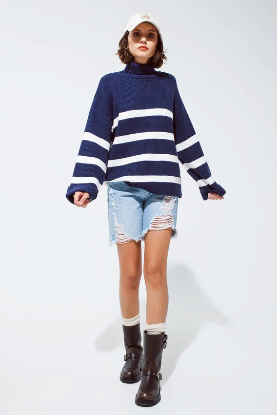 Navy blue turtle neck sweater in navy with stripes - Sweaters
