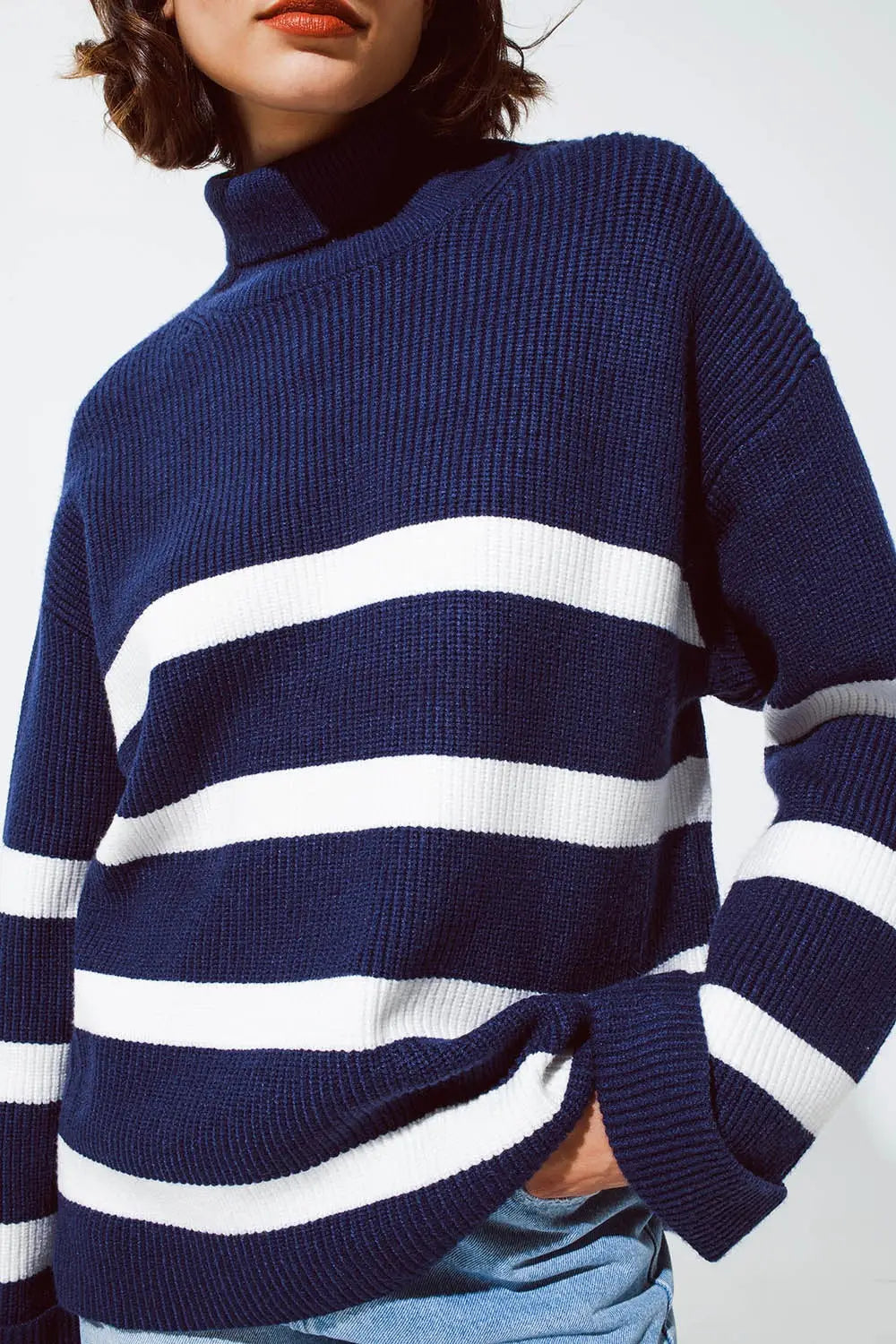 Navy blue turtle neck sweater in navy with stripes - Sweaters