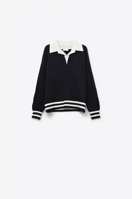 Q2 Navy Cable Knit V-neck Preppy Sweater
