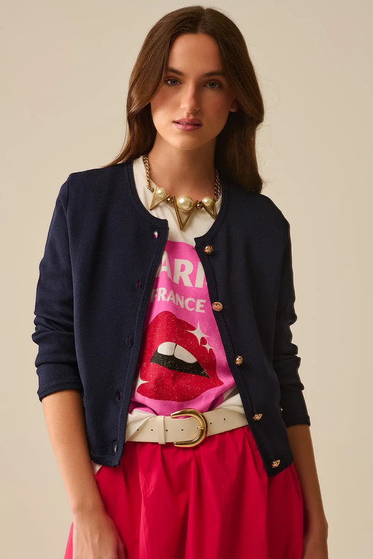 Navy Cardigan with Gold Buttons - One Size / Blue - Sweaters