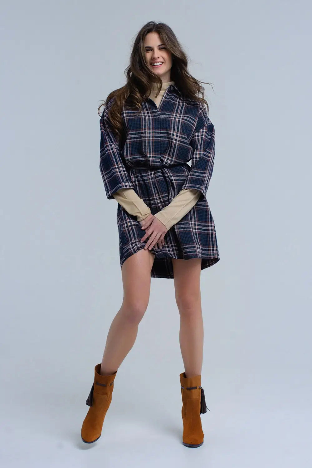 Navy checked midi dress - Dresses