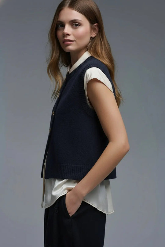 Navy color knitted Vest with Gold Buttons - One Size / Blue - Sweaters