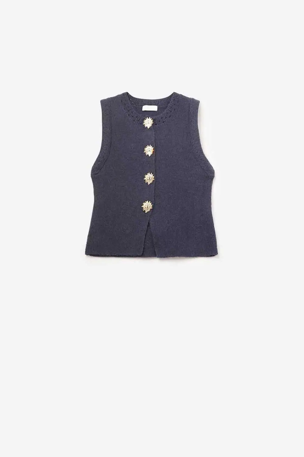 Navy color knitted Vest with Gold Buttons - One Size / Blue - Sweaters