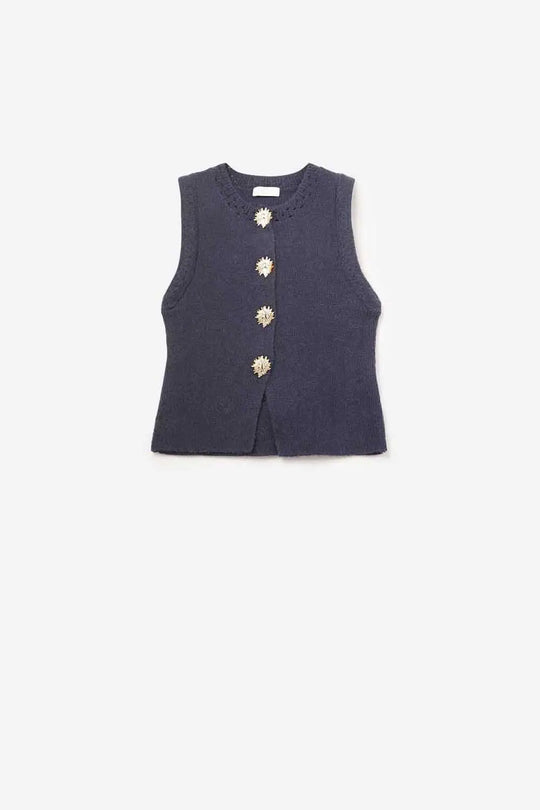 Navy color knitted Vest with Gold Buttons - One Size / Blue - Sweaters