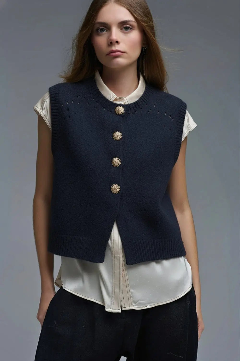 Q2 Navy color knitted Vest with Gold Buttons