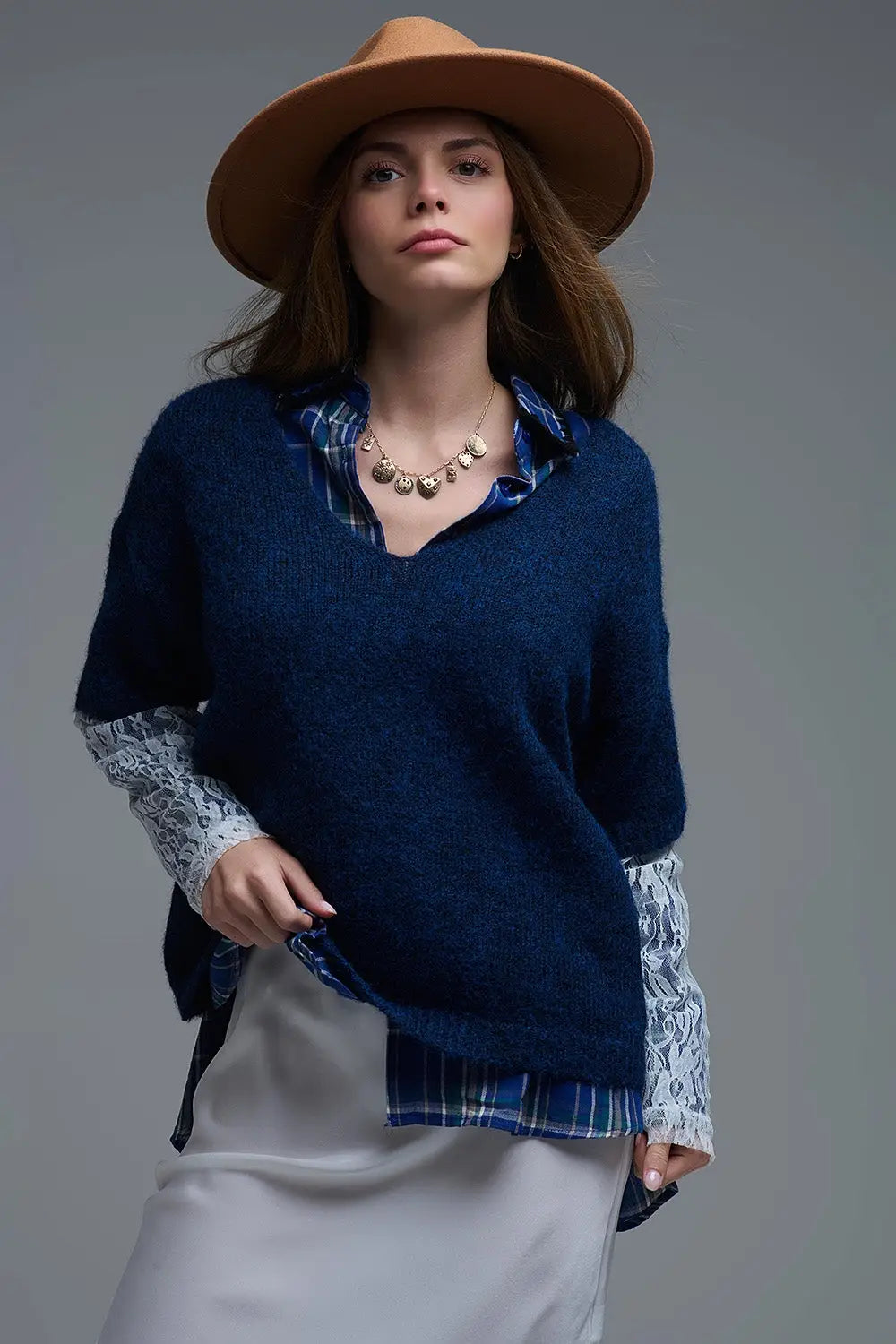 Q2 Navy Contrast V-Neck Sweater with Contrasting White lace Sleeves