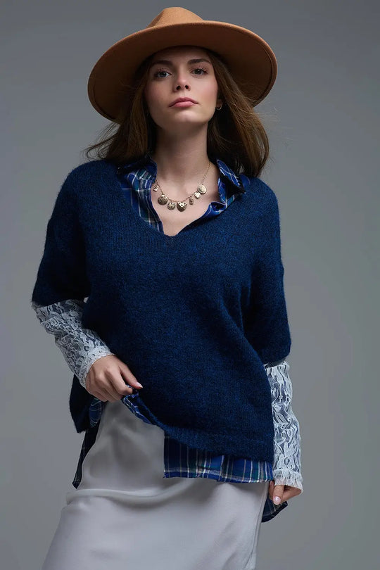 Q2 Navy Contrast V-Neck Sweater with Contrasting White lace Sleeves